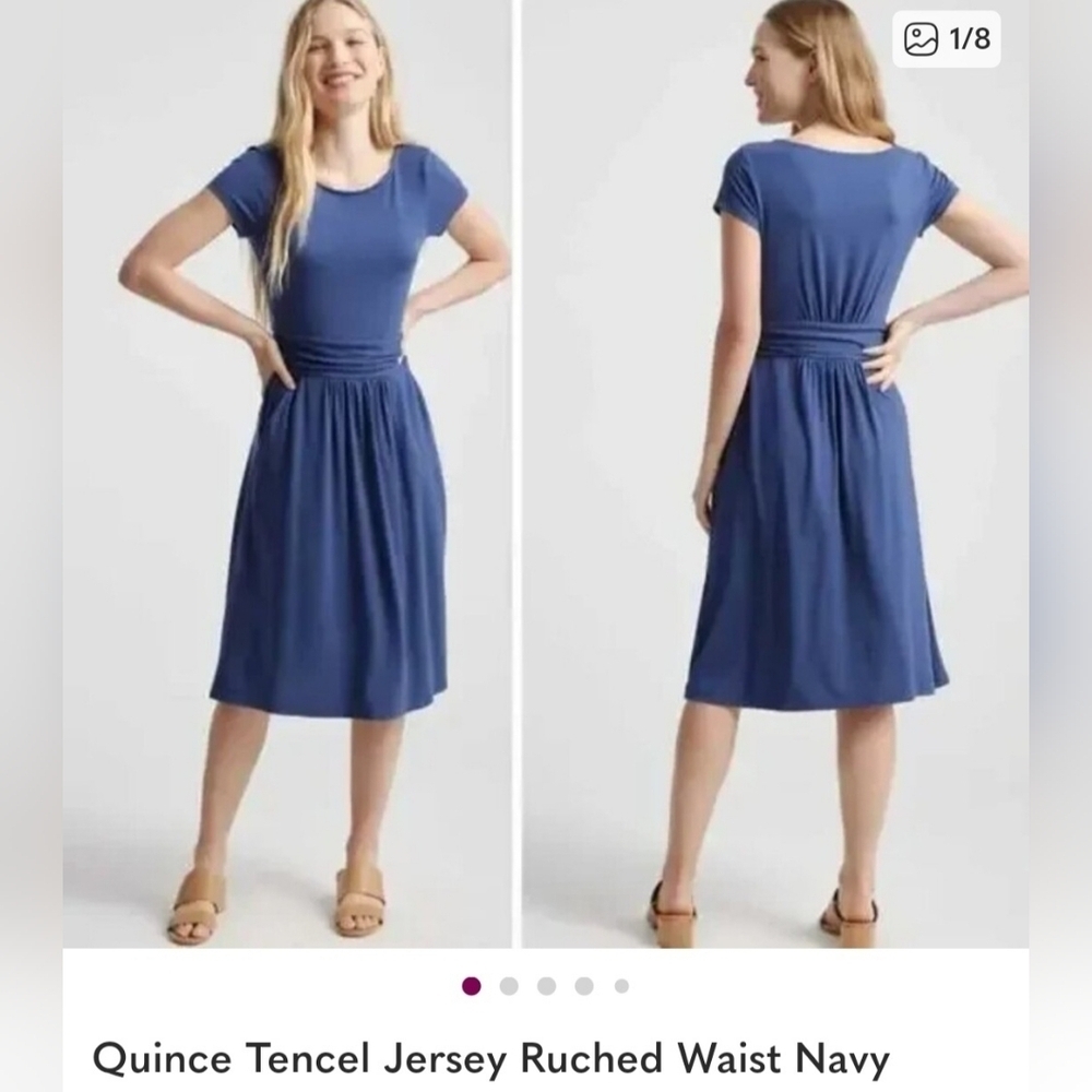 QUINCE TENCEL JERSEY RUCHED WAIST DRESS. SIZE X-SMALL. NAVY BLUE.